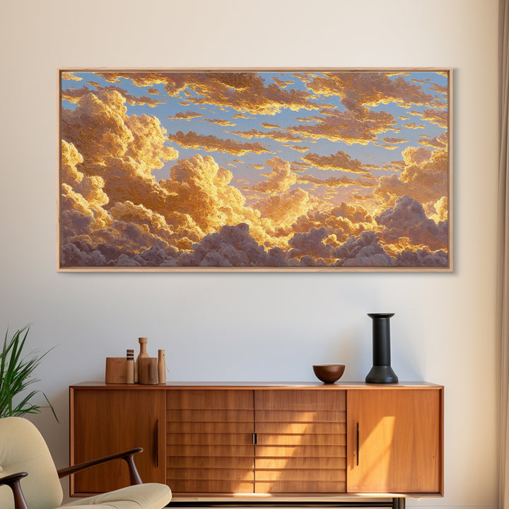 Golden Clouds Gold Canvas Art, Sky And Light Filled Cloudscape Canvas Print, Real Wood Frame Wall Décor, Dreamy Atmospheric Artwork