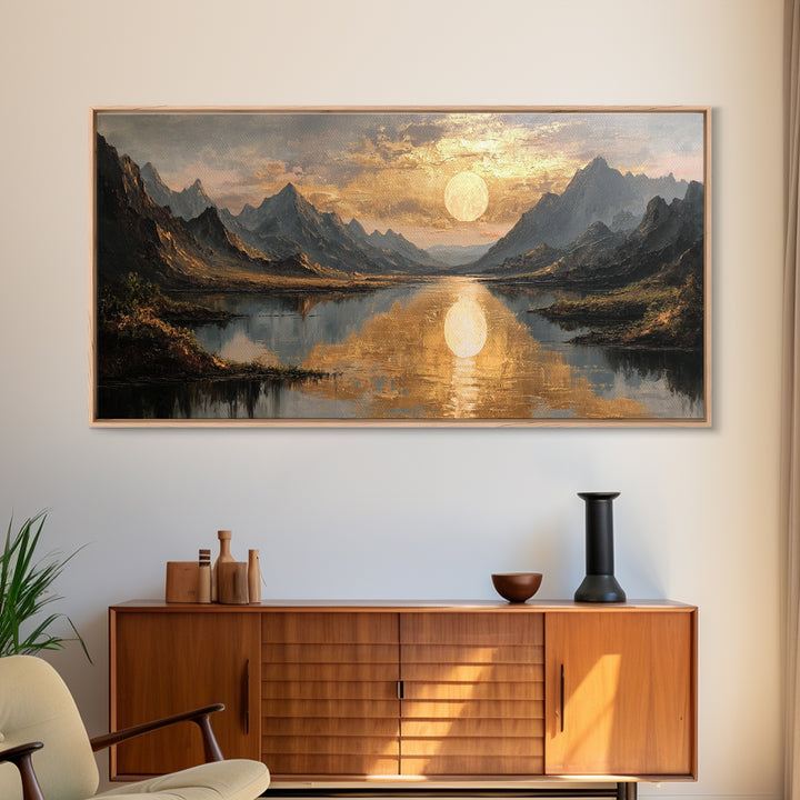 Mountain Lake Gold Canvas Print, Golden Sun Over Peaks And Reflection Art, Real Wood Frame Wall Décor, Tranquil Landscape Artwork