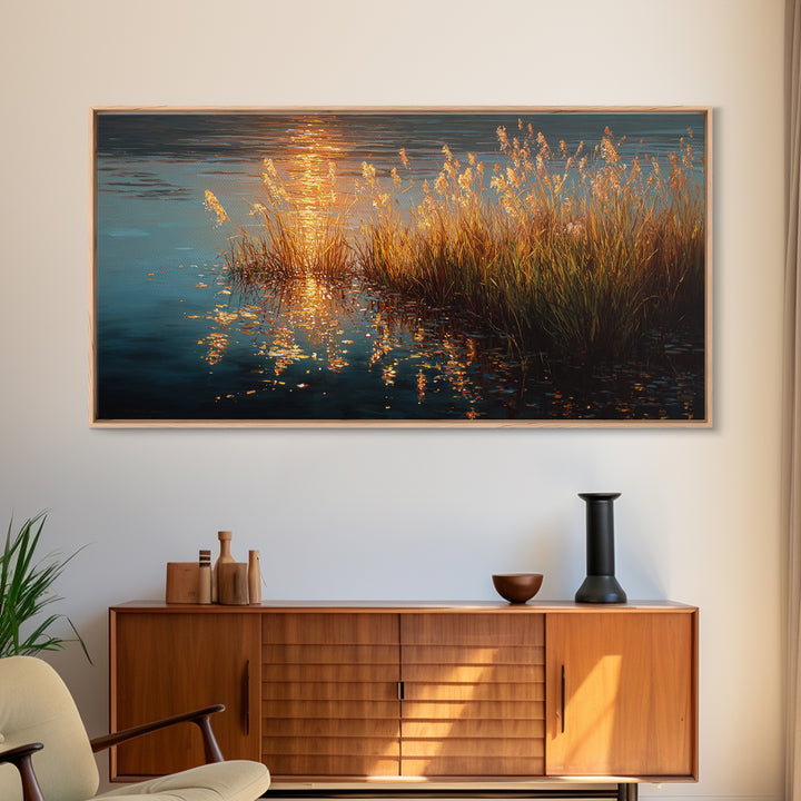 Golden Reeds Gold Canvas Art, Sunset Water Reflection With Grass Canvas Print, Real Wood Frame Wall Décor, Serene Nature Inspired Artwork