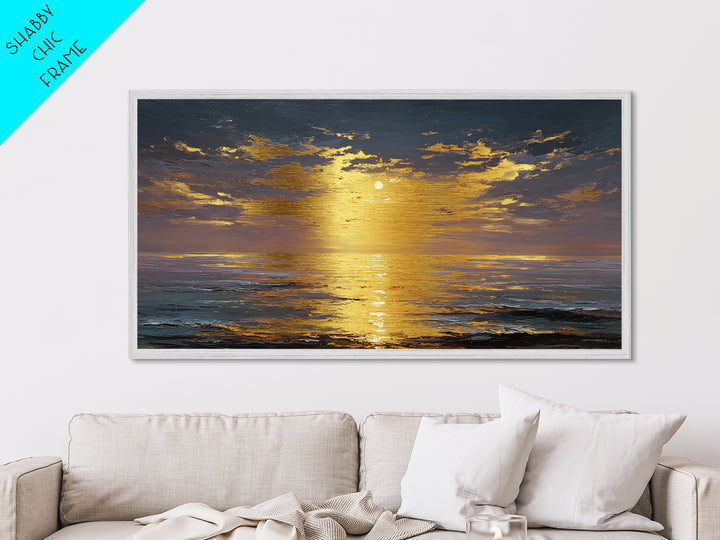 Ocean Sunset Metallic Gold Metal Print, Radiant Sunlight Over Waves Artwork, Real Wood Frame Wall Décor, Coastal Seascape Glow Art