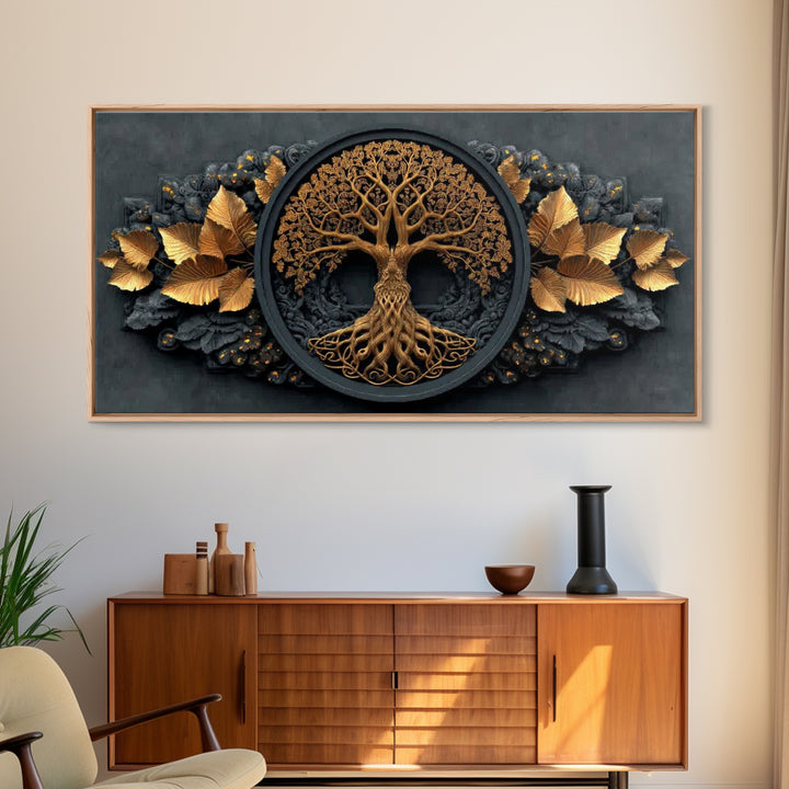 Decorative Tree Of Life Gold Canvas Art, Ornate Circle Design Canvas Print, Real Wood Frame Wall Décor, Luxurious Nature Inspired Artwork