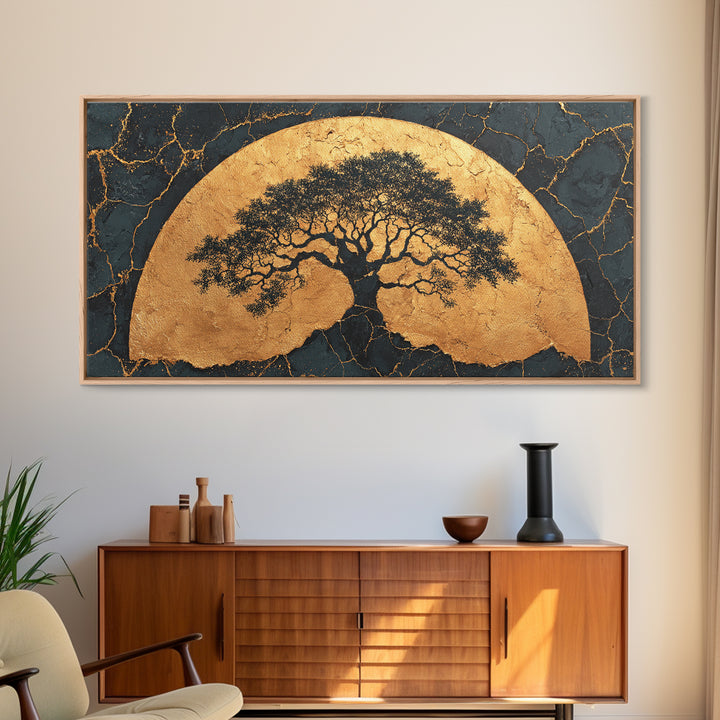 Golden Horizon Tree Gold Canvas Print, Majestic Nature Symbol Artwork, Real Wood Frame Wall Décor, Sacred Celestial Inspired Art