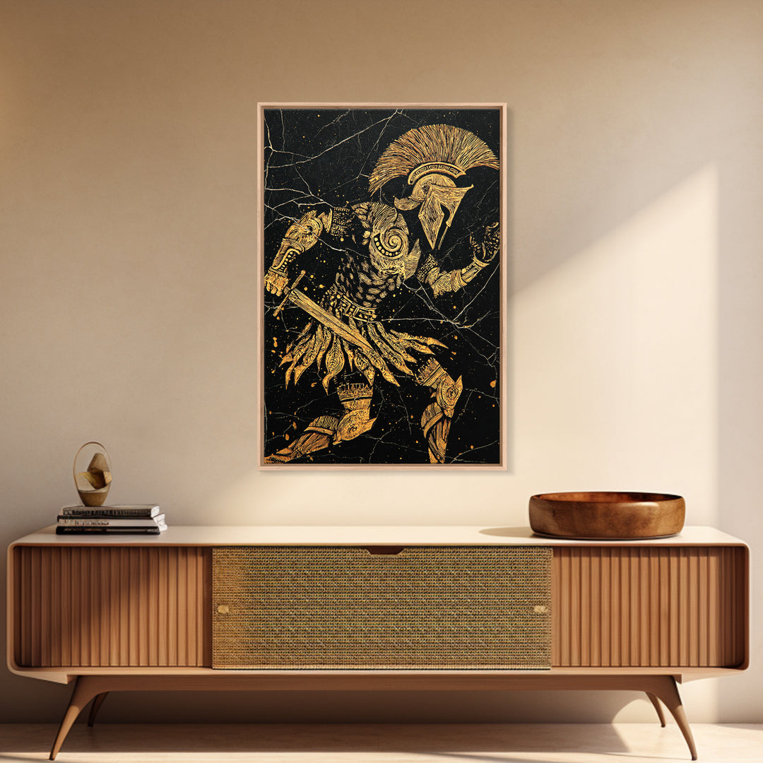 Spartan Warrior Gold Canvas Art, Ancient Soldier Canvas Print, Real Wood Frame Wall Décor, Heroic Mythology Battle Artwork