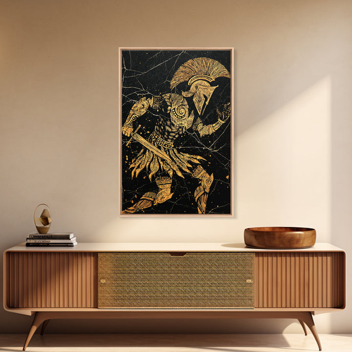 Spartan Warrior Gold Canvas Art, Ancient Soldier Canvas Print, Real Wood Frame Wall Décor, Heroic Mythology Battle Artwork