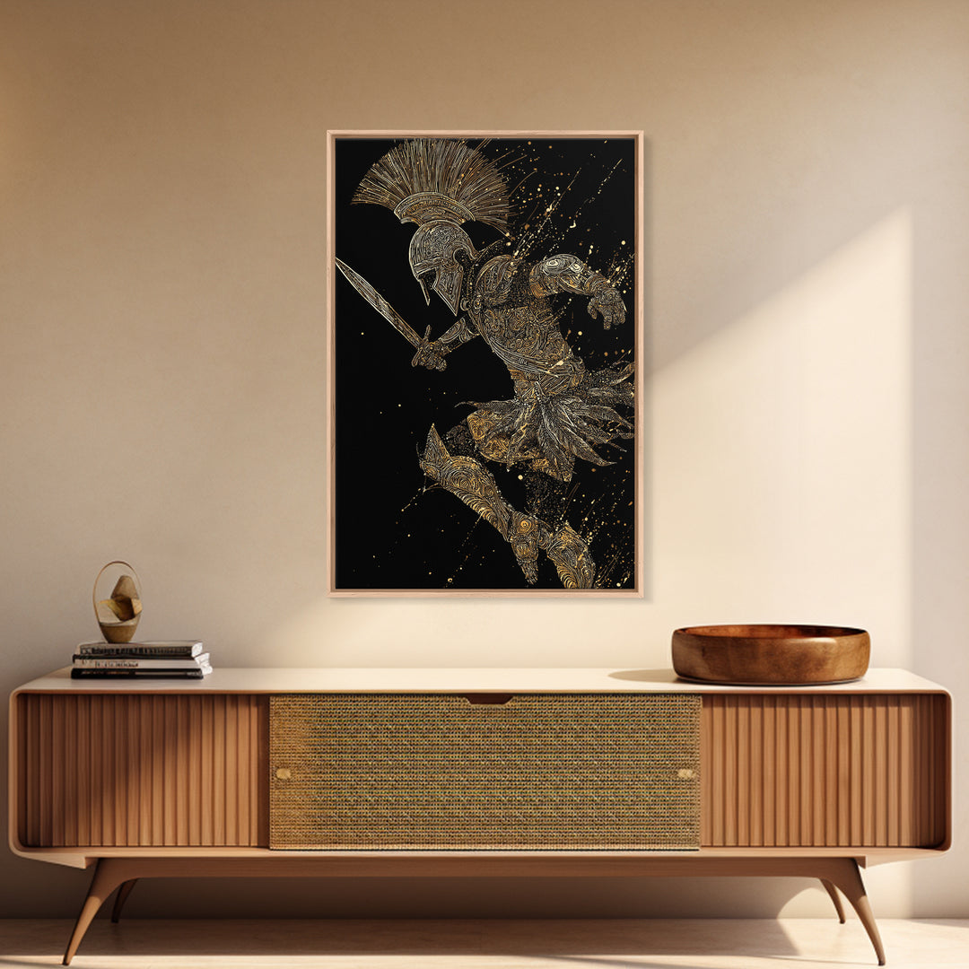 Charging Gladiator Gold Canvas Print, Warrior In Action Art On Canvas, Real Wood Frame Décor, Ancient Mythology Artwork