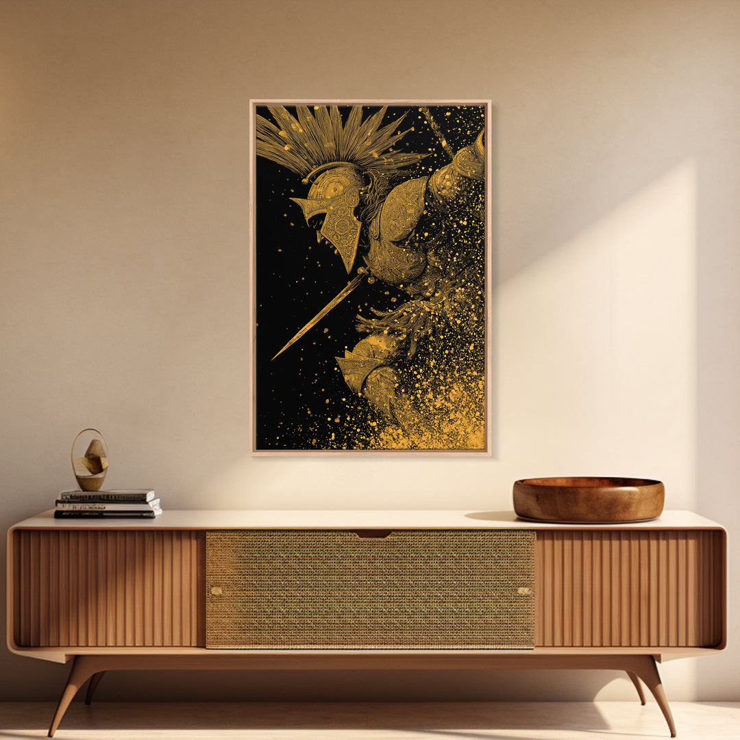 Epic Spartan Gold Canvas Art, Ancient Battle Warrior Canvas Print, Real Wood Frame Wall Décor, Heroic Mythology Statement Artwork