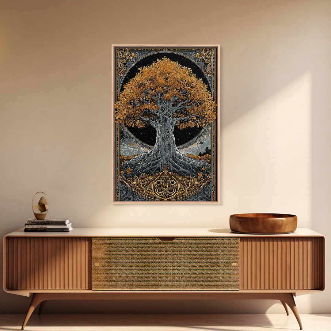 Yggdrasil Tree Gold Canvas Print, Norse Mythology Art On Canvas, Real Wood Frame Wall Décor, Sacred Viking Symbol Artwork