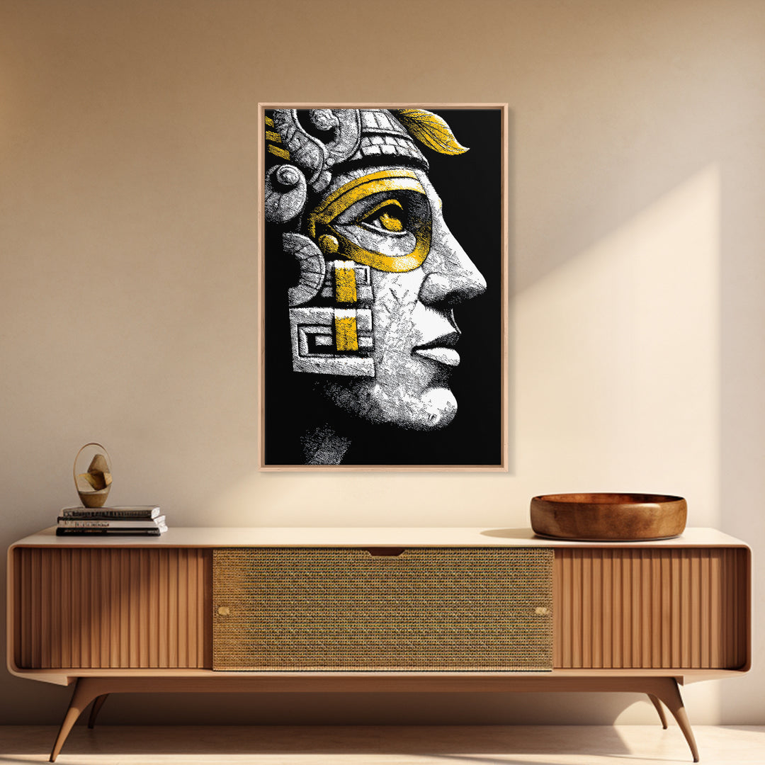 Aztec Warrior Gold Canvas Art, Ancient Tribal Mask Canvas Print, Real Wood Frame Wall Décor, Pre-Columbian Mythology Artwork