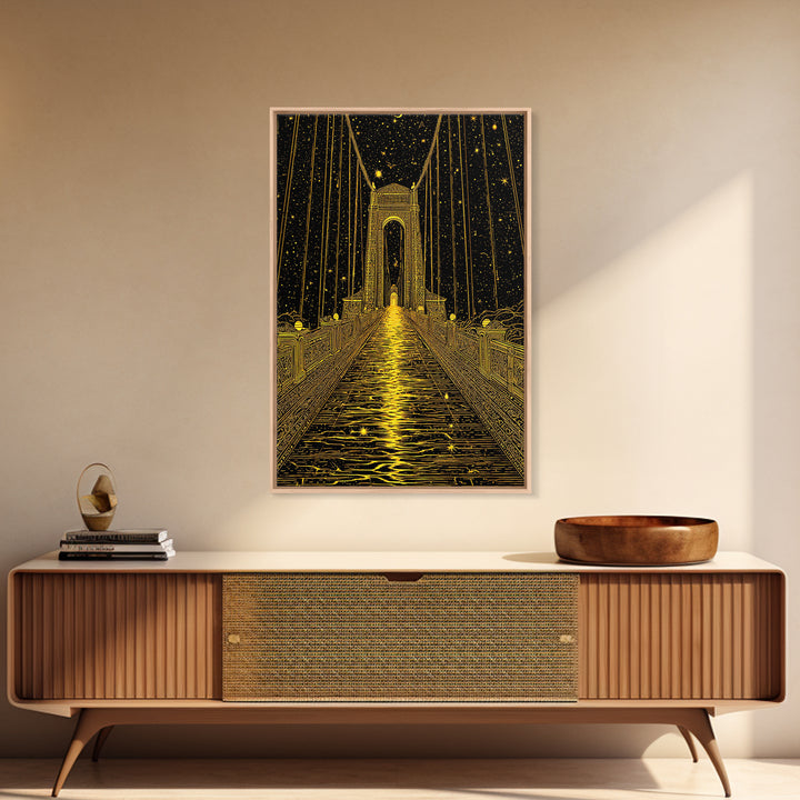 Celestial Bridge Gold Canvas Print, Fantasy Gateway Art On Canvas, Real Wood Frame Wall Décor, Mystical Night Sky Artwork