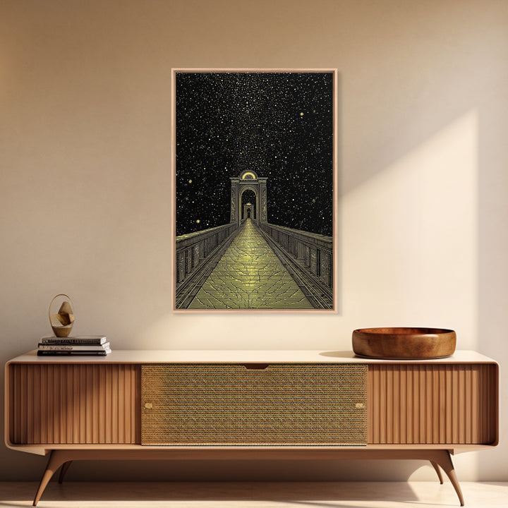 Starlit Path Gold Canvas Art, Fantasy Bridgeway Canvas Print, Real Wood Frame Wall Décor, Celestial Mythology Dream Artwork