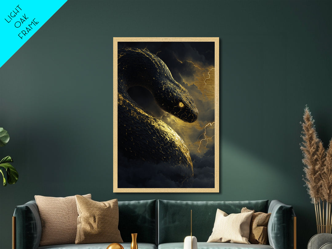 Mythical Serpent Metallic Gold Art, Norse Jormungandr Snake Metal Print, Real Wood Frame Wall Décor, Fantasy Mythology Creature Artwork