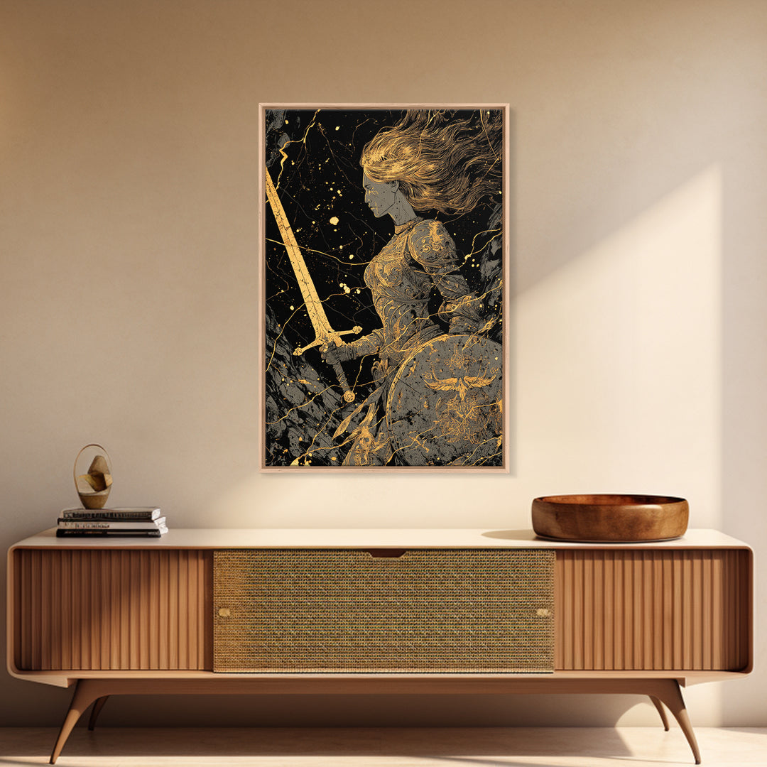 Warrior Maiden Gold Canvas Print, Female Knight With Sword And Shield Artwork, Real Wood Frame Wall Décor, Heroic Fantasy Art