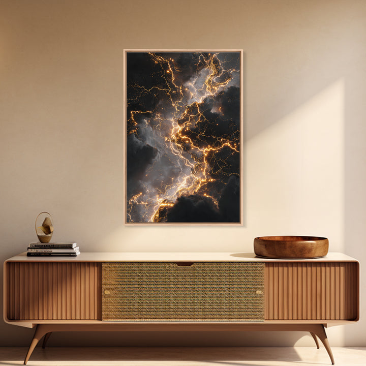 Celestial Lightning Storm Gold Canvas Art, Abstract Thunder Energy Canvas Print, Real Wood Frame Wall Décor, Dramatic Cosmic Power Artwork