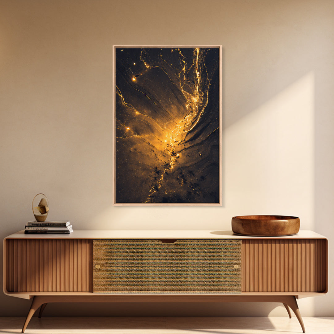 Golden River Flow Gold Canvas Print, Abstract Liquid Energy Artwork On Canvas, Real Wood Frame Wall Décor, Celestial Fluid Art