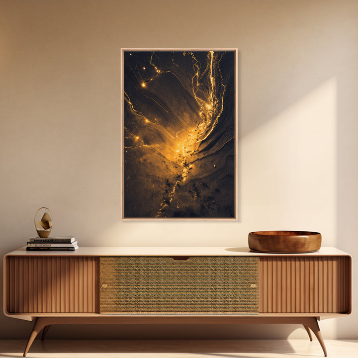 Golden River Flow Gold Canvas Print, Abstract Liquid Energy Artwork On Canvas, Real Wood Frame Wall Décor, Celestial Fluid Art