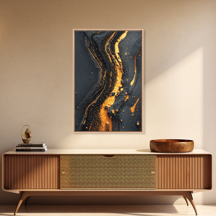 Abstract Gold Flow Art, Modern Luxury Canvas Print With Real Wood Frame, Fluid River Inspired Wall Décor, Contemporary Statement Artwork