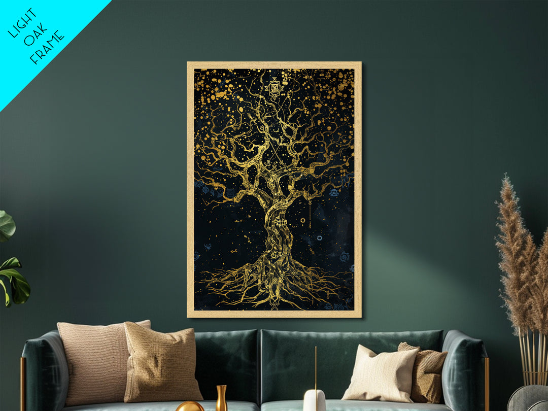 Mystical Tree Of Life Metallic Gold Art, Celestial Symbolic Nature Metal Print, Real Wood Frame Wall Décor, Sacred Mythology Fantasy Artwork
