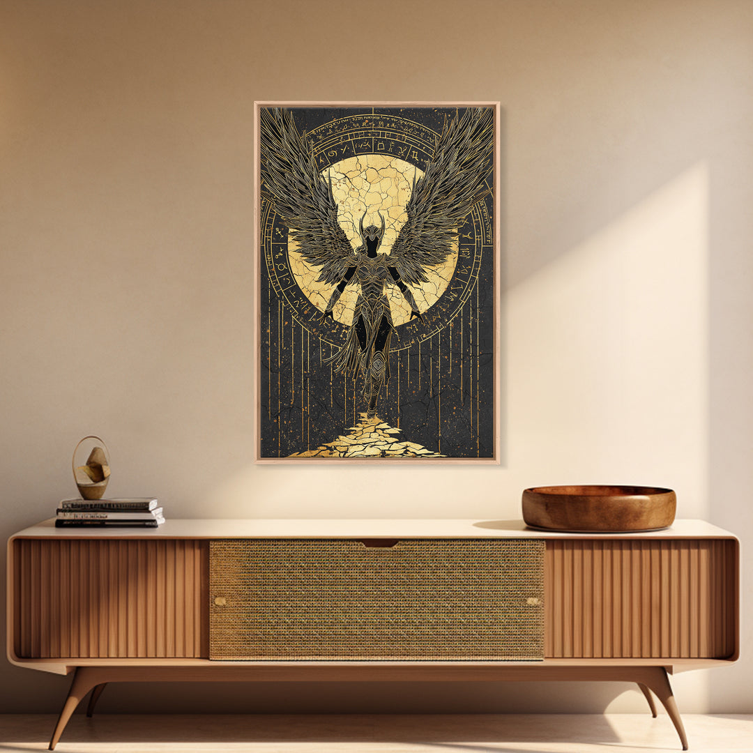 Celestial Angel Gold Canvas Art, Majestic Winged Warrior Canvas Print, Real Wood Frame Wall Décor, Divine Fantasy Statement Artwork