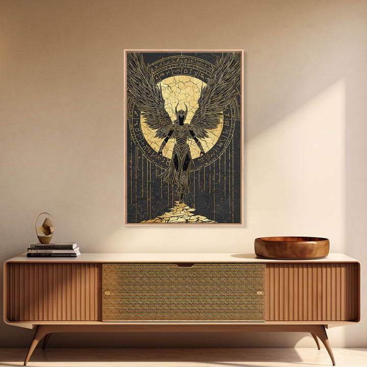 Celestial Angel Gold Canvas Art, Majestic Winged Warrior Canvas Print, Real Wood Frame Wall Décor, Divine Fantasy Statement Artwork