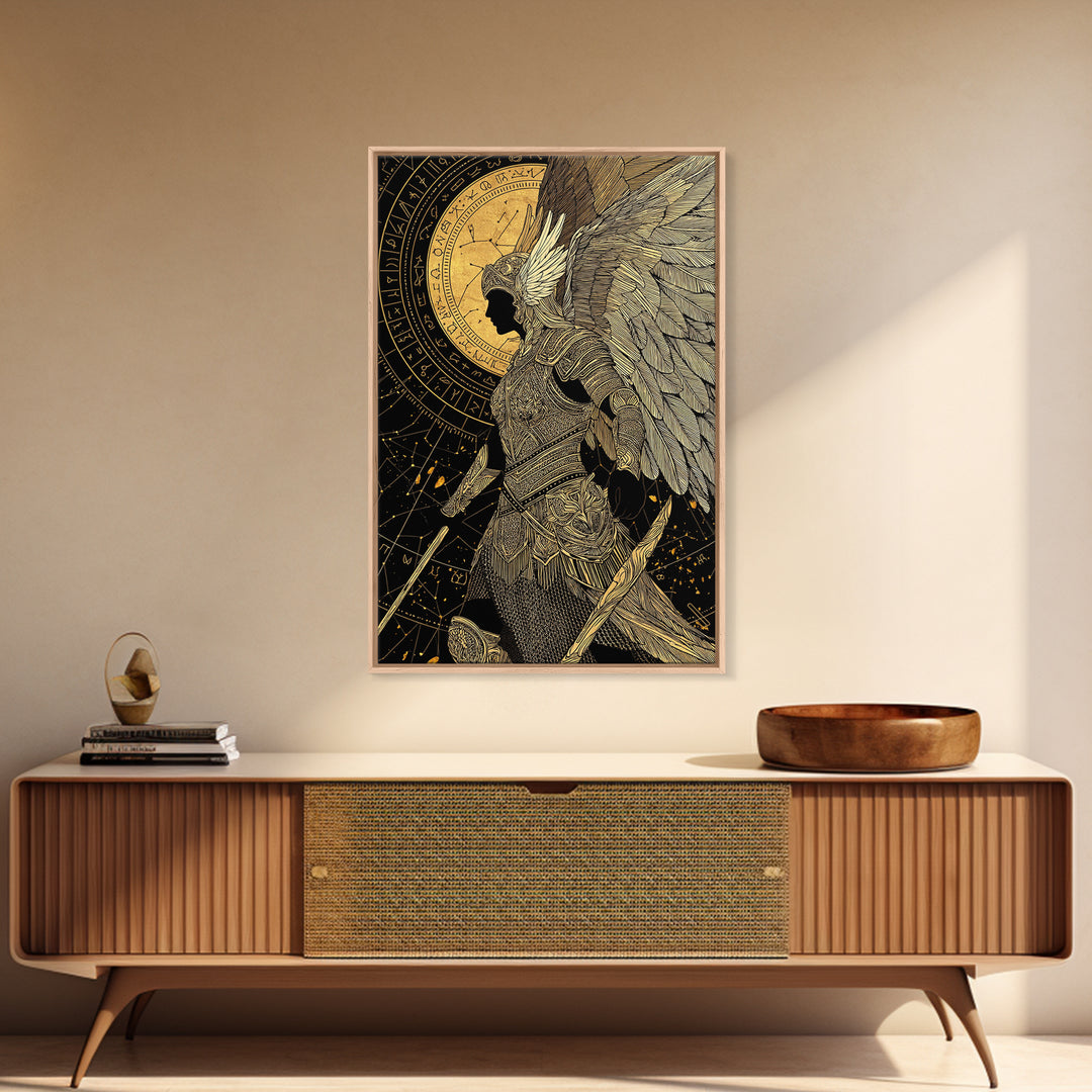 Divine Protector Gold Canvas Print, Angelic Warrior Art On Canvas, Real Wood Frame Wall Décor, Celestial Mythology Artwork