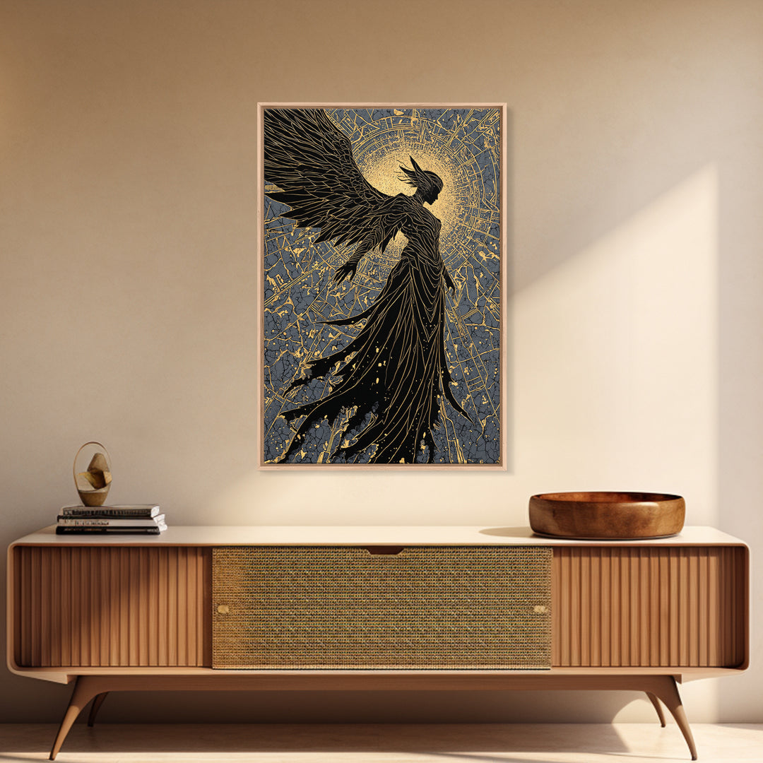 Radiant Angel Gold Canvas Art, Celestial Winged Guardian Canvas Print, Real Wood Frame Wall Décor, Mythology Fantasy Artwork