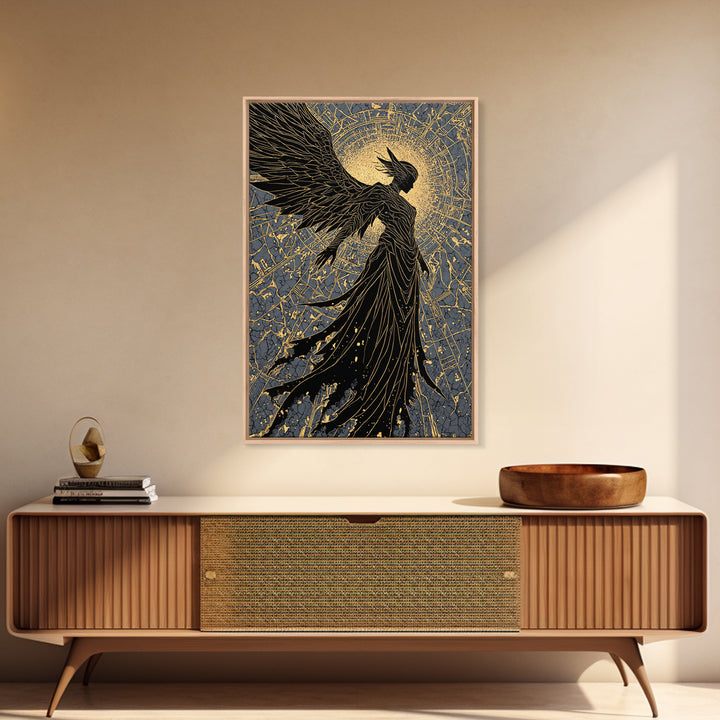 Radiant Angel Gold Canvas Art, Celestial Winged Guardian Canvas Print, Real Wood Frame Wall Décor, Mythology Fantasy Artwork