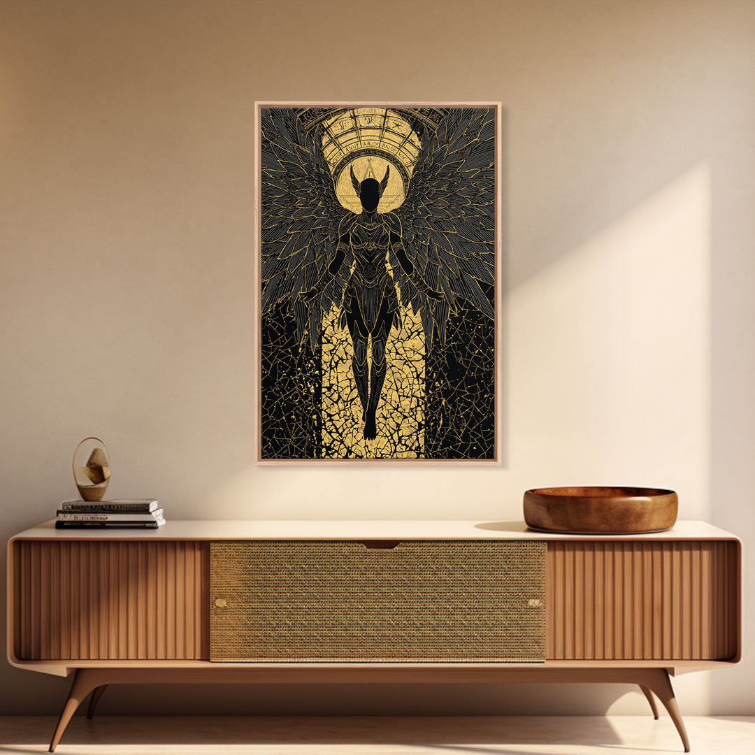 Ascendant Angel Gold Canvas Print, Winged Warrior Art On Canvas, Real Wood Frame Wall Décor, Celestial Divine Statement Artwork