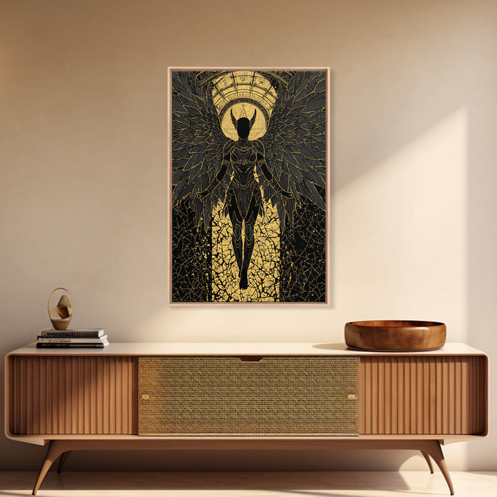 Ascendant Angel Gold Canvas Print, Winged Warrior Art On Canvas, Real Wood Frame Wall Décor, Celestial Divine Statement Artwork