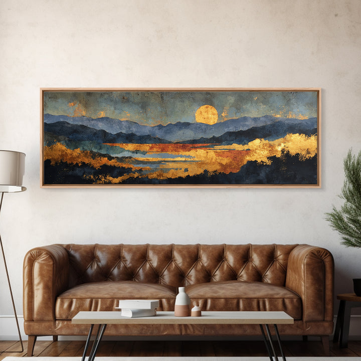 Sunset Over Mountains Gold Canvas Print, Abstract Mountain Landscape Wall Art, Modern Nature Artwork With Real Wood Frame