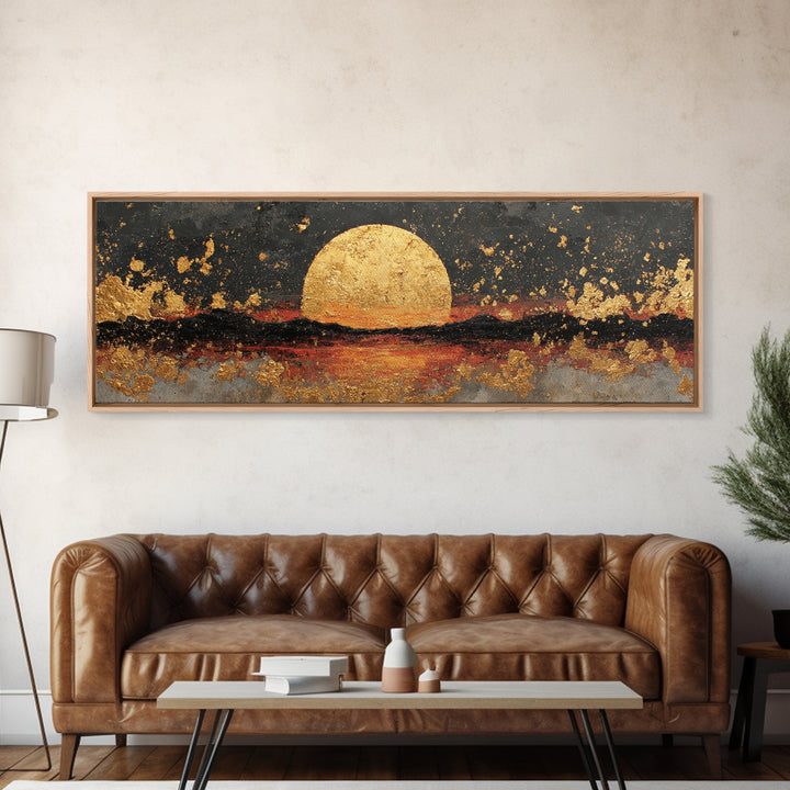 Golden Horizon Gold Canvas Print, Textured Sunset Wall Art, Abstract Sun Over Water Artwork With Real Wood Frame