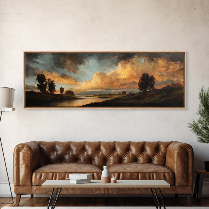 Dramatic Sky Gold Canvas Print, Cloudy Sunset River Landscape Wall Art, Atmospheric Nature Artwork With Real Wood Frame
