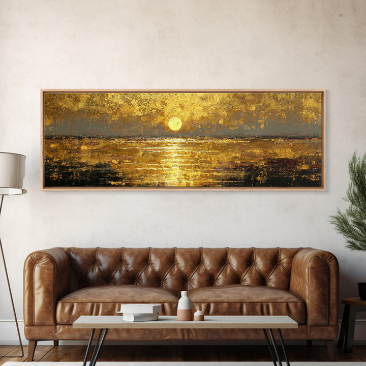 Radiant Reflection Gold Canvas Print, Golden Sun Over Water Wall Art, Shimmering Seascape Artwork With Real Wood Frame