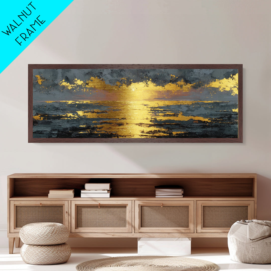 Ocean Sunset Metallic Gold Metal Print, Glowing Sun Over Waves Wall Art, Modern Coastal Seascape Artwork With Real Wood Frame