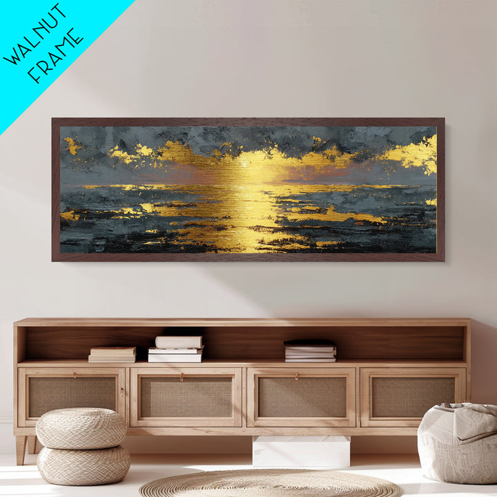 Ocean Sunset Metallic Gold Metal Print, Glowing Sun Over Waves Wall Art, Modern Coastal Seascape Artwork With Real Wood Frame