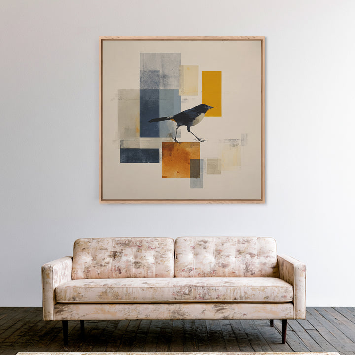 Small Black Bird Crossing White Space Framed Canvas Print, Minimalist Art, Large Wall Art, Living Room Decor, Fine Art, Minimal, MIN-1x1-7