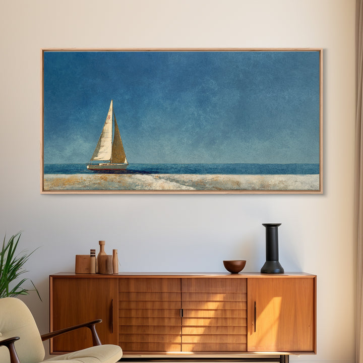 Tiny Sailboat under Open Sky Framed Canvas Print, Minimalist Art, Contemporary Art, Living Room Decor, Fine Art, Minimal, MIN-2x1-10
