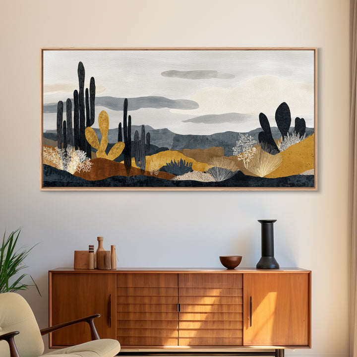 Black and White Cactus Silhouette Framed Canvas Print, Minimalist Art, Fine Art Print, Living Room Decor, Fine Art, Minimal, MIN-2x1-16