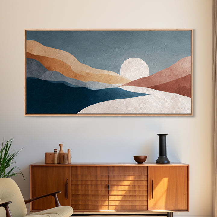 Minimal Moon over a Pale Ocean Framed Canvas Print, Minimalist Art, Printable Wall Art, Living Room Decor, Fine Art, Minimal, MIN-2x1-29