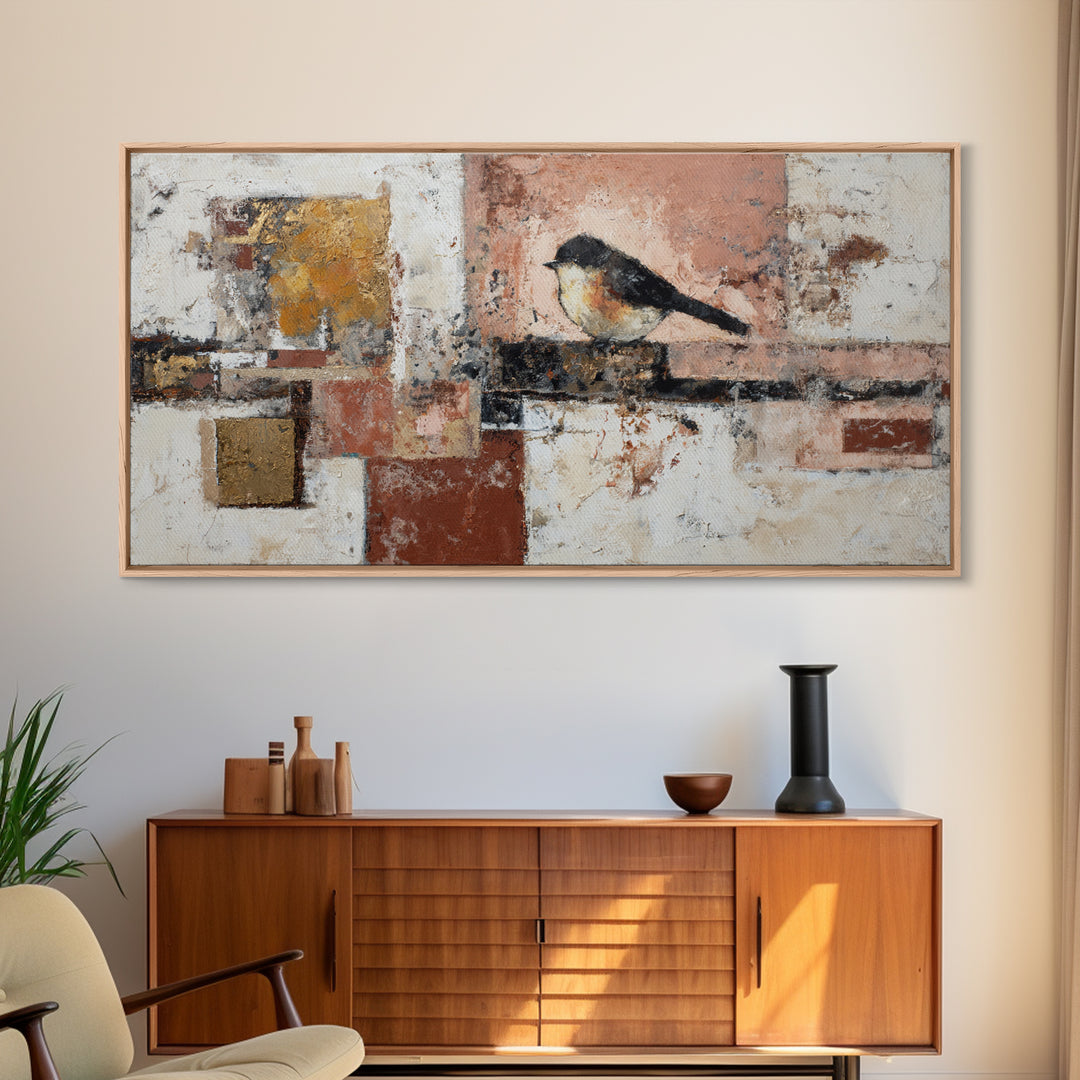 Small Black Bird Crossing White Space Framed Canvas Print, Minimalist Art, Large Wall Art, Living Room Decor, Fine Art, Minimal, MIN-2x1-3