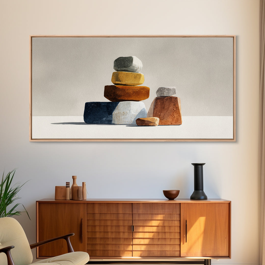Quiet Stone Stack Framed Canvas Print, Minimalist Art, Minimalist, Living Room Decor, Abstract Art, Minimal, Black Art, MIN-2x1-7