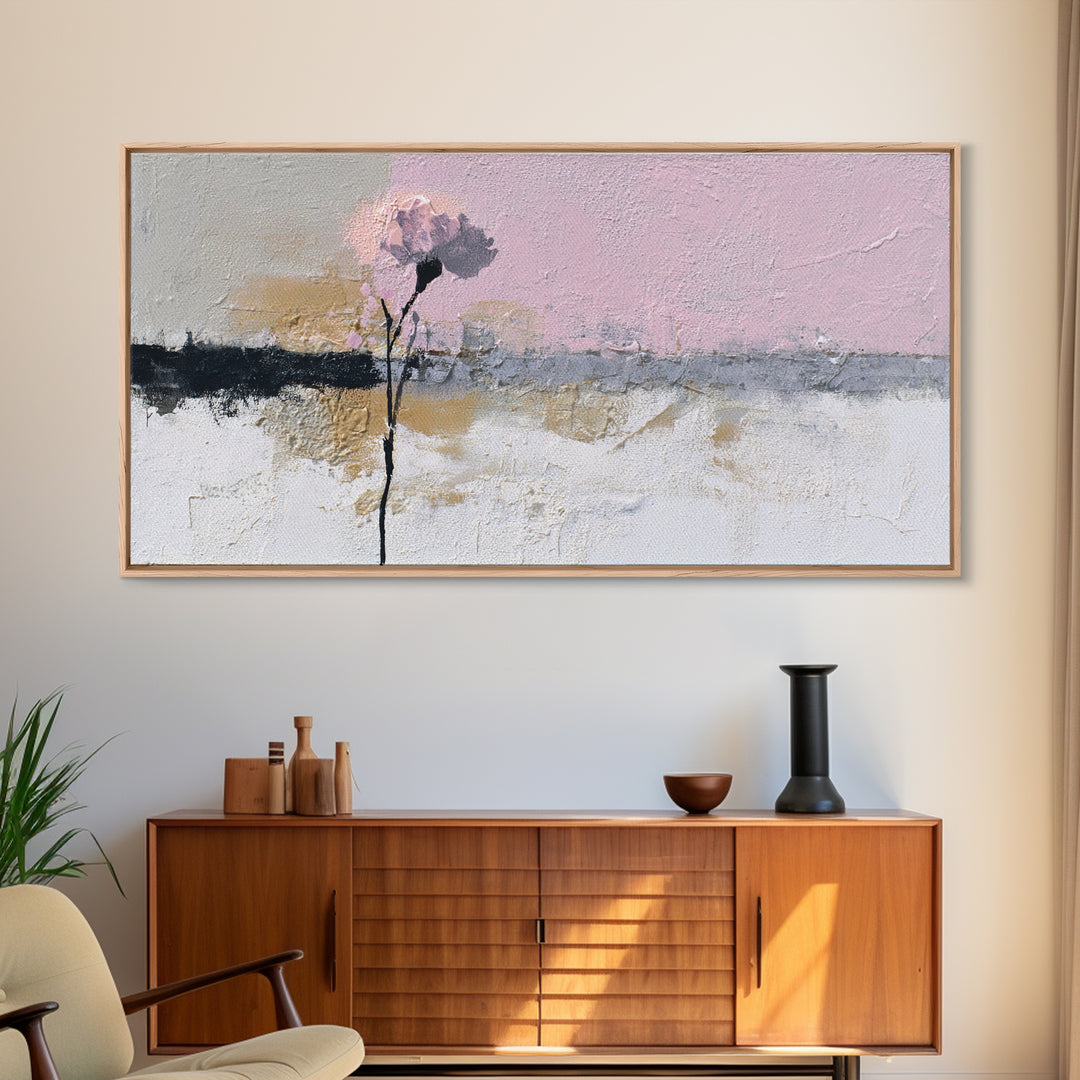 Single Flower Stem Framed Canvas Print, Minimalist Art, Black Art, Living Room Decor, Oil Painting, Minimal, MIN-2x1-80
