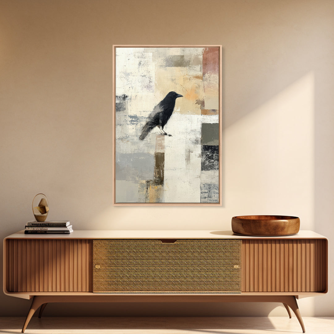 Small Black Bird Crossing White Space Framed Canvas Print, Minimalist Art, Abstract Painting, Living Room Decor, Minimal, MIN-2x3-87
