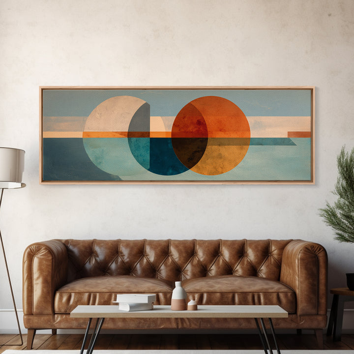 Minimal Moon over a Pale Ocean Framed Canvas Print, Minimalist Art, Neutral Decor, Living Room Decor, Oil Painting, Minimal, MIN-3x1-73