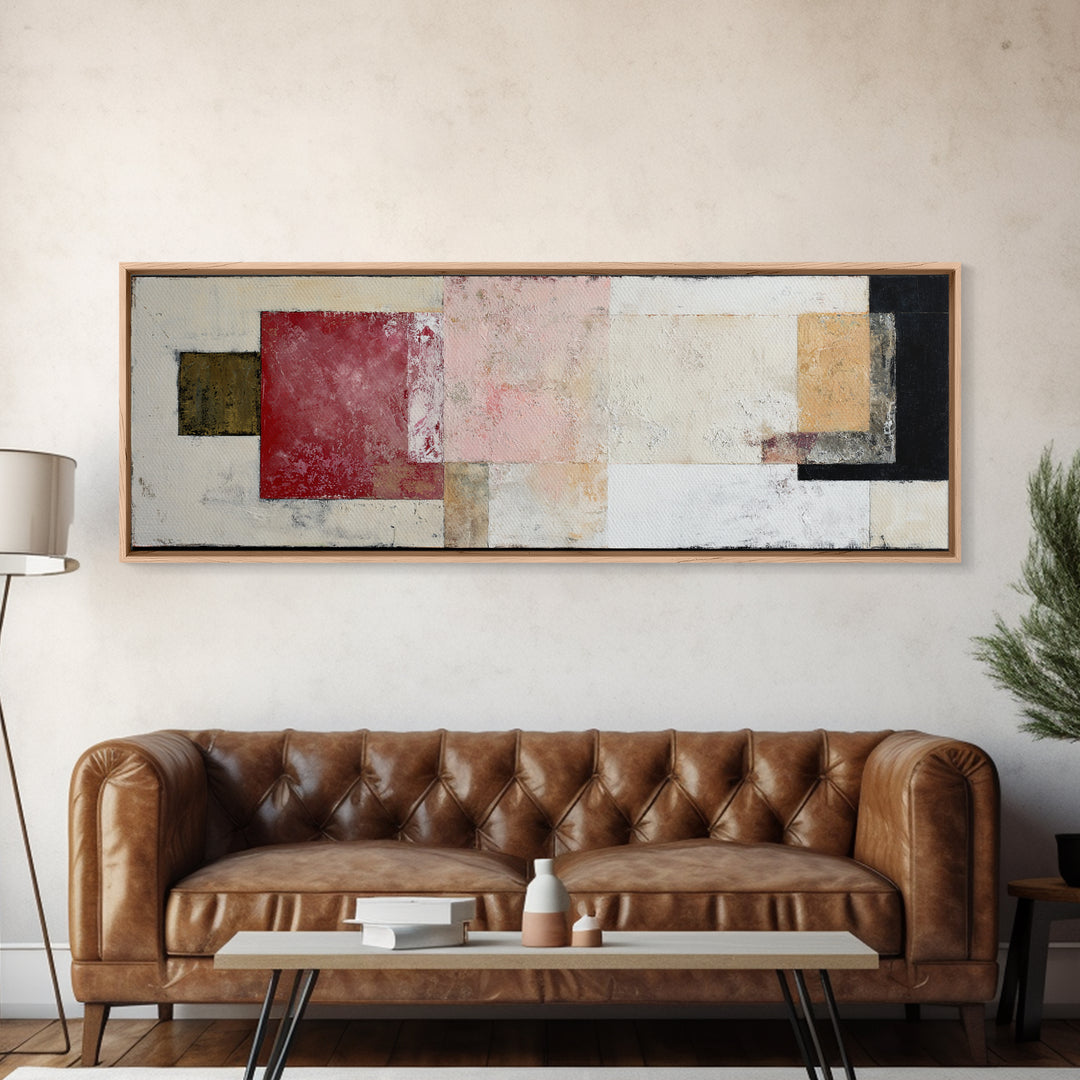 One Red Square Balanced Framed Canvas Print, Minimalist Art, Abstract Wall Art, Living Room Decor, Oil Painting, Minimal, MIN-3x1-74