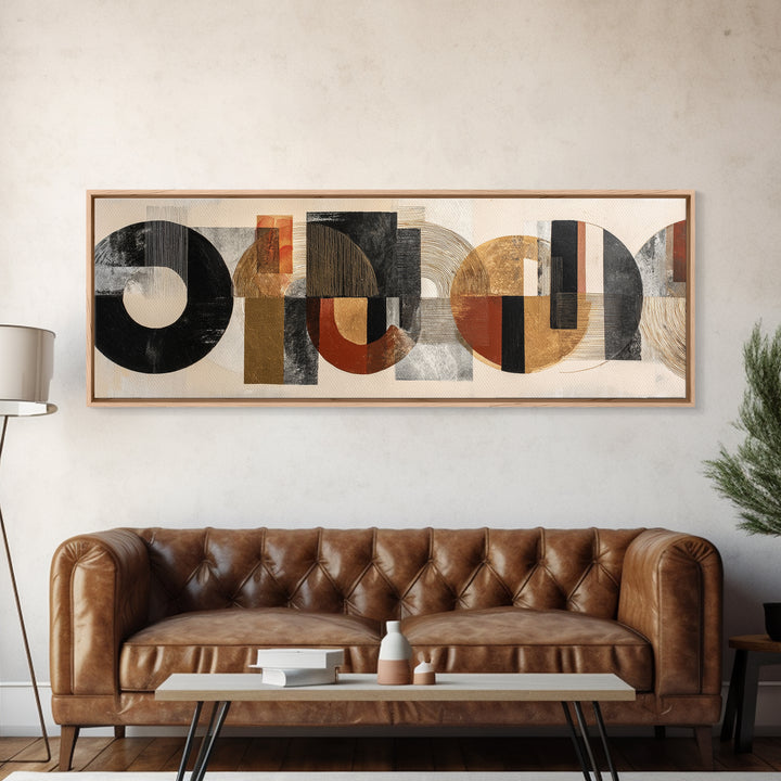 Single Black Circle on Warm Ivory Ground Framed Canvas Print, Minimalist Art, Boho Decor, Living Room Decor, Oil Painting, MIN-3x1-89