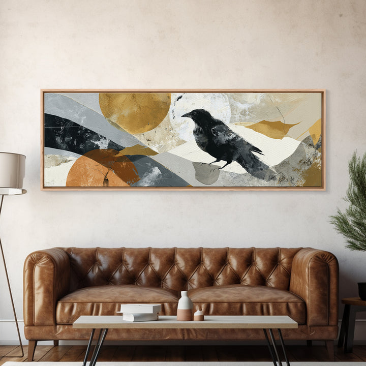 Small Black Bird Crossing White Space Canvas Print, Minimalist Art, Art Prints, Living Room Decor, Oil Painting, Minimal, MIN-3x1-95