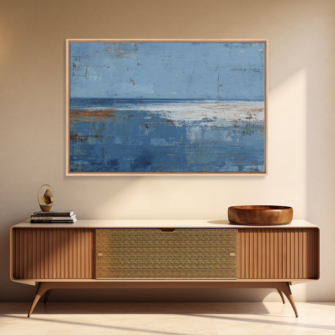 Simple Blue Horizon Framed Canvas Print, Minimalist Art, Black Art, Living Room Decor, Oil Painting, Minimal, MIN-3x2-10