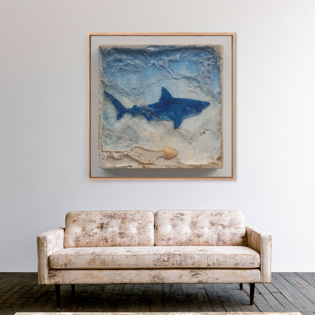 Shark Silhouette in Deep Blue Light Framed Canvas Print, Marine Life Art, Coastal Wall Art, Living Room Decor, Fine Art, Marine, MLA-1x1-12