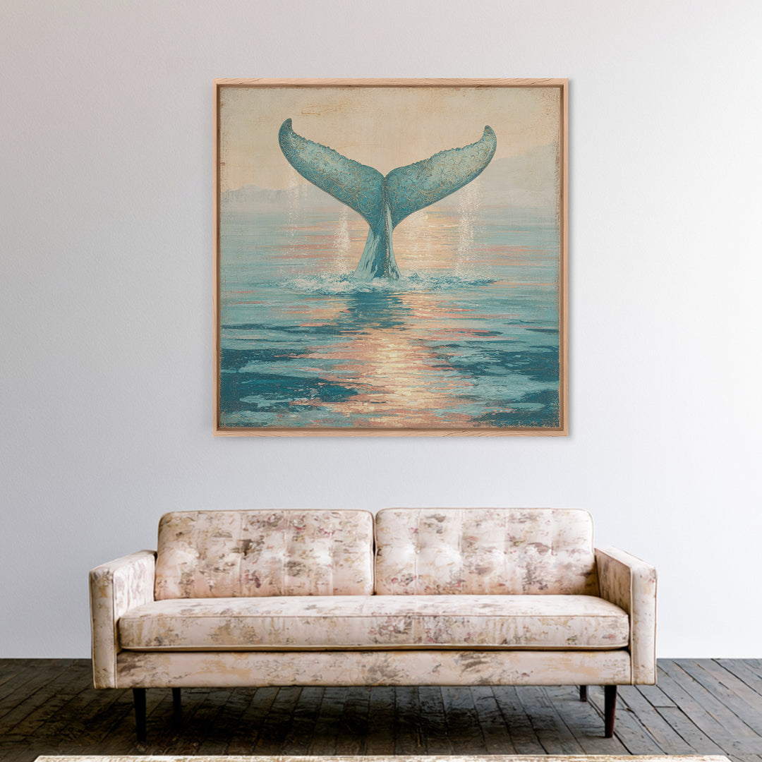 Whale Tail Rising from Misty Ocean Framed Canvas Print, Marine Life Art, Ocean Art, Living Room Decor, Oil Painting, Marine, MLA-1x1-2