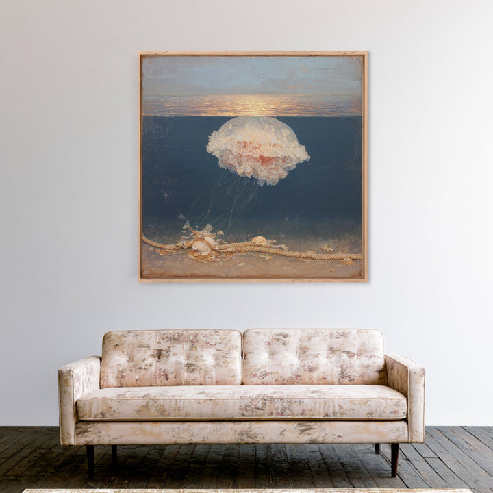 Jellyfish Floating in Luminous Dark Water Canvas Print, Marine Life Art, Fish Art, Living Room Decor, Oil Painting, Marine, MLA-1x1-30